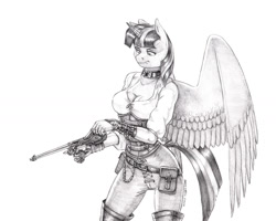 Size: 1500x1197 | Tagged: safe, artist:baron engel, imported from derpibooru, twilight sparkle, alicorn, anthro, breasts, clothes, female, grayscale, gun, handgun, monochrome, pencil drawing, pistol, solo, story in the source, story included, traditional art, twilight sparkle (alicorn), weapon