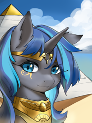 Size: 3120x4200 | Tagged: safe, artist:kaiser-sauce, imported from derpibooru, oc, oc only, oc:cork, pony, unicorn, equestria at war mod, blue eyes, blue hair, bust, egyptian, female, mare, portrait, pyramid, solo