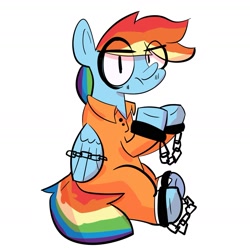 Size: 1847x1847 | Tagged: safe, artist:eveeyuwu, imported from derpibooru, rainbow dash, pegasus, bound wings, chained, chains, clothes, commission, commissioner:rainbowdash69, cuffed, female, g4, grumpy, mare, never doubt rainbowdash69's involvement, prison outfit, prisoner rd, raised hoof, simple background, solo, white background, wings