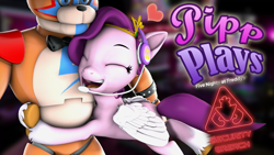 Size: 1920x1080 | Tagged: safe, artist:pika-robo, imported from derpibooru, pipp petals, pegasus, pony, series:pipp plays, 3d, crossover, eyes closed, fake thumbnail, female, five nights at freddy's, five nights at freddy's: security breach, folded wings, freddy fazbear, g4, g5, g5 to g4, gamer pipp, gaming headset, generation leap, glamrock freddy, happy, headset, heart, hug, let's play, mare, open mouth, open smile, smiling, source filmmaker, video game, wings, youtube thumbnail