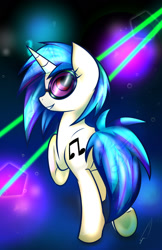 Size: 1024x1583 | Tagged: safe, artist:celliron, imported from derpibooru, dj pon-3, vinyl scratch, pony, unicorn, abstract background, female, g4, grin, looking at you, looking back, looking back at you, mare, music notes, raised hoof, smiling, solo