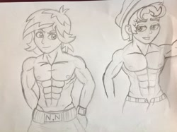 Size: 2592x1936 | Tagged: safe, artist:pokecure123, imported from derpibooru, normal norman, scott green, human, equestria girls, background human, boxing shorts, duo, duo male, male, muscles, muscular male, pecs, traditional art