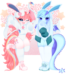 Size: 7449x8255 | Tagged: safe, artist:arwencuack, imported from derpibooru, oc, oc only, oc:nekonin, oc:sky gamer, anthro, dracony, dragon, glaceon, hybrid, sylveon, unicorn, clothes, commission, duo, leotard, pokémon, simple background, white background