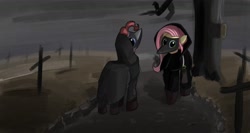 Size: 2000x1067 | Tagged: safe, artist:solid shrimp, imported from derpibooru, fluttershy, pinkie pie, earth pony, pegasus, pony, duo, plague doctor, wasteland