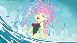 Size: 1280x720 | Tagged: safe, artist:metalhead97, imported from derpibooru, fluttershy, human, equestria girls, equestria girls series, bare shoulders, bikini, breasts, busty fluttershy, clothes, enjoying, eyes closed, female, fluttershy's beach shorts swimsuit, fluttershy's one-piece swimsuit, geode of fauna, hair, hair flip, jewelry, legs in the water, legs together, magical geodes, messy hair, necklace, ocean, one-piece swimsuit, show accurate, sleeveless, smiling, solo, swimsuit, water, watershy, wet