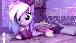 Size: 3840x2160 | Tagged: safe, artist:pastelsplashuwu, imported from derpibooru, oc, oc only, oc:blazey sketch, pegasus, pony, 3d, 3d model, bed, bedroom, bow, clothes, cookie, female, food, hair bow, high res, long mane, long tail, looking at you, lying down, mare, multicolored hair, plushie, purple background, simple background, small wings, smiling, smiling at you, solo, source filmmaker, sweater, tail, wings