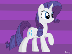 Size: 2592x1936 | Tagged: safe, artist:thebrokencog, imported from derpibooru, rarity, pony, unicorn, digital art, female, g4, mare, purple background, raised hoof, smiling, solo, striped background