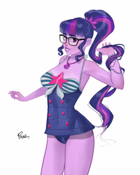 Size: 3200x4000 | Tagged: safe, artist:joe pekar, imported from derpibooru, part of a set, sci-twi, twilight sparkle, human, equestria girls, equestria girls series, forgotten friendship, bare shoulders, breasts, clothes, female, geode of telekinesis, glasses, high res, magical geodes, multiple variants, one-piece swimsuit, playing with hair, ponytail, reasonably sized breasts, sci-twi swimsuit, simple background, sleeveless, smiling, solo, swimsuit