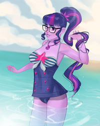 Size: 3200x4000 | Tagged: safe, alternate version, artist:joe pekar, imported from derpibooru, part of a set, sci-twi, twilight sparkle, human, equestria girls, equestria girls series, forgotten friendship, bare shoulders, breasts, clothes, female, geode of telekinesis, glasses, high res, looking at you, magical geodes, multiple variants, ocean, one-piece swimsuit, playing with hair, ponytail, reasonably sized breasts, sci-twi swimsuit, sleeveless, smiling, solo, swimsuit, water