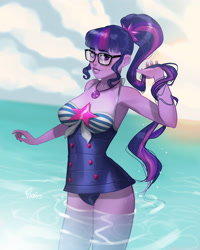 Size: 3200x4000 | Tagged: safe, alternate version, artist:joe pekar, imported from derpibooru, part of a set, sci-twi, twilight sparkle, human, equestria girls, equestria girls series, forgotten friendship, bare shoulders, breasts, clothes, female, geode of telekinesis, glasses, high res, looking at you, magical geodes, multiple variants, ocean, one-piece swimsuit, playing with hair, ponytail, reasonably sized breasts, sci-twi swimsuit, sleeveless, smiling, solo, swimsuit, water