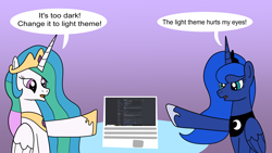 Size: 1920x1080 | Tagged: safe, artist:platinumdrop, imported from derpibooru, princess celestia, princess luna, alicorn, pony, computer, crown, dialogue, discord (program), duo, female, jewelry, laptop computer, mare, regalia, request, royal sisters, siblings, sisters, speech bubble