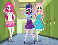 Size: 448x350 | Tagged: artist needed, safe, imported from derpibooru, fluttershy, pinkie pie, sci-twi, twilight sparkle, human, equestria girls, canterlot high, clothes, dress, glasses, hallway, kisekae, pants, sandals, shirt, shoes, skirt, socks, sweat, sweatdrop, trio, twilighting