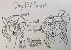 Size: 1826x1293 | Tagged: safe, artist:spoopygirl, imported from derpibooru, sunset shimmer, alpaca, sheep, them's fightin' herds, alternate hairstyle, community related, lineart, paprika (tfh), pom (tfh), ponytober, ponytober 2022, signature, text, traditional art