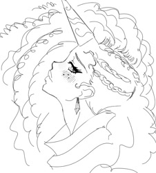 Size: 656x726 | Tagged: safe, artist:rileyav, imported from derpibooru, human, black and white, blushing, bust, cornrows, cute, ear piercing, earring, freckles, g5, grayscale, horn, horned humanization, humanized, jewelry, misty brightdawn, mistybetes, monochrome, piercing, profile, sketch, solo