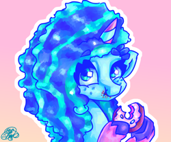 Size: 3000x2500 | Tagged: safe, artist:mannybcadavera, imported from derpibooru, pony, unicorn, bust, donut, eating, female, food, g5, gradient background, hoof hold, looking at you, mare, misty brightdawn, outline, solo, white outline