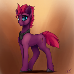 Size: 2160x2160 | Tagged: safe, artist:tenebrisnoctus, imported from derpibooru, fizzlepop berrytwist, tempest shadow, pony, unicorn, adult blank flank, blank flank, blank flank tempest, broken horn, clothes, dock, female, high res, horn, mare, scarf, solo, tail