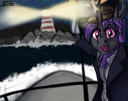 Size: 620x490 | Tagged: safe, artist:gradoge, imported from derpibooru, oc, oc only, oc:chrysi from blacksteel, anthro, changeling, moth, mothling, original species, equestria at war mod, changeling oc, clothes, lighthouse, meme, purple changeling, soyjak, submarine, this will not end well, uniform, wojak