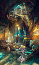 Size: 2128x3508 | Tagged: safe, artist:neoshrek, imported from derpibooru, maud pie, earth pony, pony, ai assisted, ai content, cave, helmet, mining helmet, scenery, scenery porn, solo