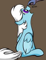 Size: 1764x2316 | Tagged: safe, artist:feather_bloom, imported from derpibooru, oc, oc:feather_bloom, pegasus, pony, boop, comic style, hand, happy, looking up, precious, simple background, sitting, solo focus