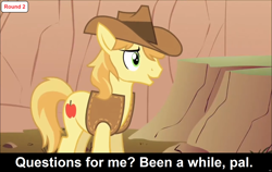 Size: 1920x1214 | Tagged: safe, edit, edited screencap, imported from derpibooru, screencap, braeburn, earth pony, pony, comic:celestia's servant interview, over a barrel, caption, clothes, cs captions, hat, image macro, interview, male, solo, stallion, text, vest