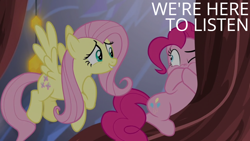 Size: 1920x1080 | Tagged: safe, edit, edited screencap, editor:quoterific, imported from derpibooru, screencap, fluttershy, pinkie pie, earth pony, pegasus, pony, season 5, the one where pinkie pie knows, covering mouth, duo, duo female, female, flying, grin, listening, looking at each other, looking at someone, mare, one eye closed, smiling