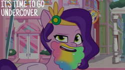Size: 1920x1080 | Tagged: safe, edit, edited screencap, editor:quoterific, imported from derpibooru, screencap, pipp petals, pegasus, pony, spoiler:g5, spoiler:my little pony: tell your tale, spoiler:tyts01e28, beard, facial hair, female, g5, headband, jewelry, looking at you, mare, my little pony: tell your tale, open mouth, open smile, pippsqueaks forever, regalia, smiling, smiling at you, solo