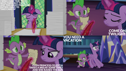 Size: 4400x2475 | Tagged: safe, edit, edited screencap, editor:quoterific, imported from derpibooru, screencap, spike, twilight sparkle, alicorn, dragon, pony, once upon a zeppelin, season 7, eyes closed, female, floppy ears, frown, gritted teeth, implied princess celestia, magic, male, mare, open mouth, paper, paperwork, pushing, quill, sad, teeth, telekinesis, twilight sparkle (alicorn), twilight's castle