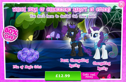 Size: 1967x1292 | Tagged: safe, imported from derpibooru, rarity, changedling, changeling, advertisement, changelingified, costs real money, english, female, gameloft, horn, insect wings, magic coins, mushroom, my little pony: magic princess, numbers, official, rariling, sale, species swap, text, wings