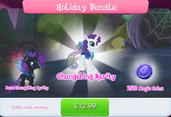 Size: 1259x861 | Tagged: safe, imported from derpibooru, rarity, changedling, changeling, bundle, changelingified, costs real money, english, female, gameloft, horn, insect wings, magic coins, mushroom, my little pony: magic princess, numbers, official, rariling, sale, species swap, text, wings