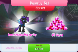 Size: 1275x857 | Tagged: safe, imported from derpibooru, rarity, changeling, bundle, changelingified, costs real money, english, female, gameloft, gem, horn, insect wings, mushroom, my little pony: magic princess, numbers, official, rariling, sale, solo, solo focus, species swap, text, wings