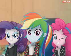Size: 1378x1087 | Tagged: safe, artist:alex mlp, edit, imported from derpibooru, pinkie pie, rainbow dash, rarity, human, equestria girls, music video, one eye closed, smiling, solo, wink