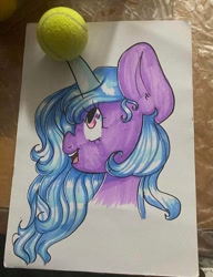 Size: 640x833 | Tagged: safe, artist:kreeeeeez, imported from derpibooru, izzy moonbow, pony, unicorn, ball, bust, colored horn, female, g5, horn, izzy's tennis ball, mare, portrait, solo, tennis ball, traditional art, twitter
