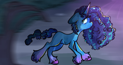 Size: 640x339 | Tagged: safe, artist:kreeeeeez, imported from derpibooru, pony, unicorn, blank flank, colored fetlocks, colored hooves, colored horn, female, g5, horn, light, mare, misty brightdawn, multicolored hair, reddit, running, running away, scared, solo, unshorn fetlocks