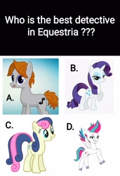 Size: 2160x3162 | Tagged: safe, imported from derpibooru, bon bon, rarity, sweetie drops, zipp storm, oc, oc:sawtooth waves, earth pony, pegasus, pony, unicorn, detective, detective rarity, detective zipp, female, flying, g4, g5, grin, group, mare, my little pony: tell your tale, open mouth, open smile, quartet, smiling, spread wings, wings