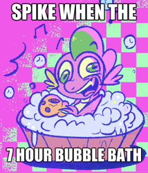 Size: 385x449 | Tagged: safe, artist:kreeeeeez, imported from derpibooru, spike, dragon, bath, bathtub, bubble, bubble bath, checkered background, impact font, male, music notes, solo, sponge, twitter