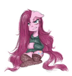 Size: 640x675 | Tagged: safe, artist:kreeeeeez, imported from derpibooru, pinkie pie, earth pony, angry, clothes, crossed arms, doodle, female, floppy ears, mare, pinkamena diane pie, plaid shirt, reddit, shirt, simple background, sitting, socks, solo, white background