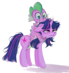 Size: 640x675 | Tagged: safe, artist:kreeeeeez, imported from derpibooru, spike, twilight sparkle, dragon, pony, unicorn, cute, dragons riding ponies, duo, duo male and female, female, floppy ears, male, mare, messy mane, reddit, ride, riding, riding a pony, shadow, signature, simple background, spikabetes, spike riding twilight, tired, twiabetes, twilight sparkle is not amused, unamused, unicorn twilight, varying degrees of want, white background