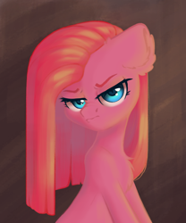 Size: 900x1080 | Tagged: safe, artist:pollynia, imported from derpibooru, pinkie pie, earth pony, pony, angry, chest fluff, ear fluff, female, mare, pinkamena diane pie, pouting, simple background, sitting, solo