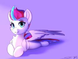 Size: 2940x2219 | Tagged: safe, artist:skitsroom, artist:tyleks, imported from derpibooru, zipp storm, pegasus, pony, adorazipp, cheek fluff, collaboration, cute, female, g5, looking at you, lying down, mare, prone, simple background, smiling, solo