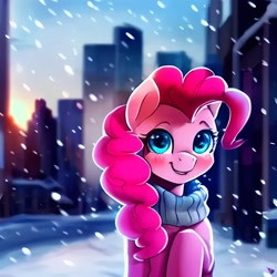 Size: 1024x1024 | Tagged: safe, imported from derpibooru, pinkie pie, earth pony, pony, ai content, ai generated, blushing, clothes, generator:purplesmart.ai, generator:stable diffusion, scarf, snow, snowfall, solo