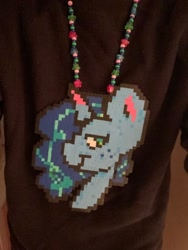 Size: 510x680 | Tagged: safe, artist:kreeeeeez, imported from derpibooru, pony, unicorn, beads, clothes, colored ears, colored horn, female, freckles, g5, horn, irl, jewelry, mare, misty brightdawn, multicolored hair, necklace, no pupils, perler beads, photo, solo, twitter