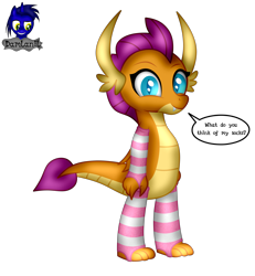Size: 3840x4154 | Tagged: safe, alternate version, artist:damlanil, imported from derpibooru, smolder, dragon, arm warmers, clothes, comic, cute, dragon wings, dragoness, eyelashes, female, happy, horns, looking at you, show accurate, simple background, smiling, smolderbetes, socks, solo, speech bubble, standing, striped socks, text, transparent background, vector, wings