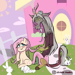 Size: 3000x3000 | Tagged: safe, artist:naquelinedelch2, idw, imported from derpibooru, angel bunny, discord, fluttershy, draconequus, pegasus, pony, rabbit, spoiler:g5comic, animal, blushing, discord's house, discoshy, female, g5, hairstyle, high res, instagram, male, old man discord, shipping, straight, wingless