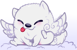 Size: 616x400 | Tagged: safe, artist:esmeia, imported from derpibooru, dog, pomeranian, cloud, cloudbetes, cloudpuff, cute, eyes closed, fluffy, flying pomeranian, g5, male, scratching, solo, tongue out, winged dog, wings