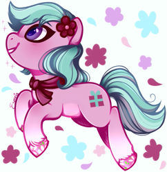 Size: 699x723 | Tagged: safe, artist:esmeia, imported from derpibooru, earth pony, pony, abstract background, adordahlia, clothes, cute, dahlia, female, flower, flower in hair, g5, hoof polish, mare, scarf, solo