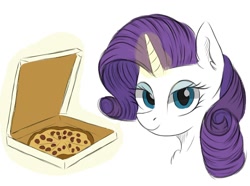 Size: 1746x1302 | Tagged: safe, artist:kusturbrick, imported from derpibooru, rarity, pony, unicorn, chest fluff, ear fluff, female, food, glowing, glowing horn, horn, lidded eyes, looking at you, magic, makeup, mare, meat, pepperoni, pepperoni pizza, pizza, simple background, smiling, smiling at you, solo, telekinesis, white background
