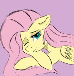 Size: 1745x1793 | Tagged: safe, artist:kusturbrick, imported from derpibooru, fluttershy, pegasus, pony, crossed hooves, ear fluff, female, folded wings, looking at you, lying down, mare, one eye closed, pink background, simple background, smiling, solo, wings, wink, winking at you
