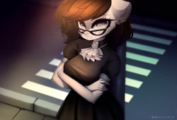 Size: 1600x1090 | Tagged: safe, artist:shavurrr, imported from derpibooru, oc, oc only, oc:lodey darkshine, anthro, earth pony, breasts, clothes, complex background, crossed arms, dress, female, glasses, looking at you, solo, street