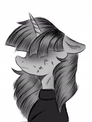 Size: 1536x2048 | Tagged: safe, artist:kusturbrick, imported from derpibooru, twilight sparkle, unicorn, clothes, dead inside, discorded, discorded twilight, female, floppy ears, hair covering face, hidden eyes, horn, mare, meme, monochrome, sad, scratches, simple background, solo, tokyo ghoul, unicorn twilight, white background