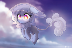 Size: 2400x1600 | Tagged: safe, artist:symbianl, imported from derpibooru, oc, oc only, oc:silver sunset, cloud pony, pony, :3, cloud, cloud mane, cloud tail, cute, cute little fangs, fangs, floating, leonine tail, solo, tail, unshorn fetlocks, white pupils